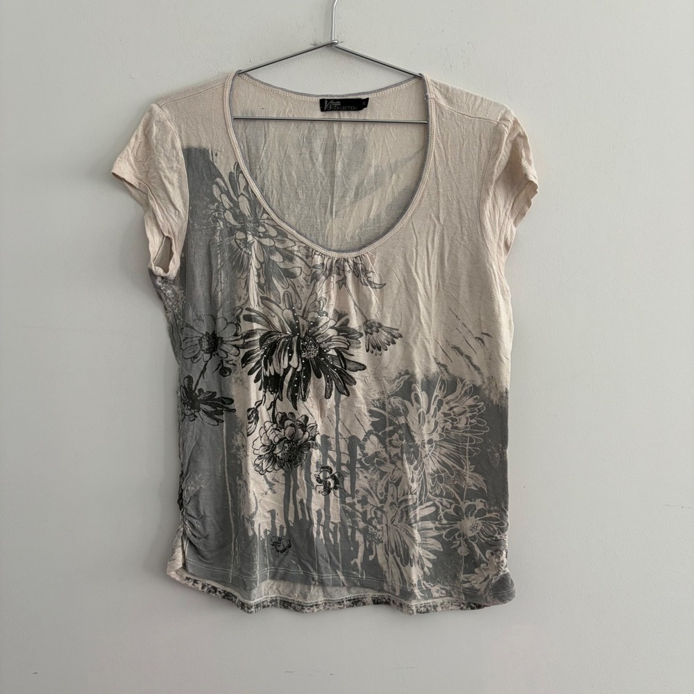 Vanilla Sugar Collection Floral Graphic Scoop Neck Top Tan Gray PL